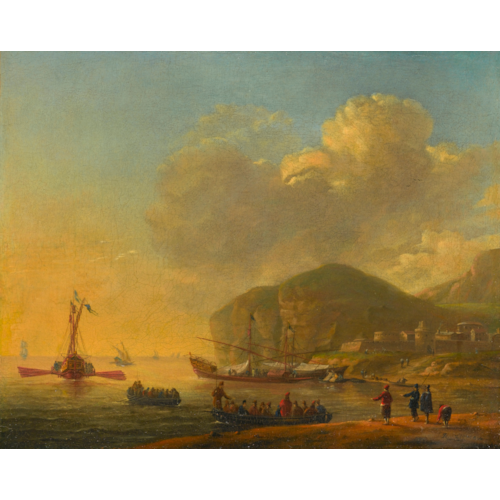 Shipping before a Mediterranean Coast with a Fortified Town near a Cliff